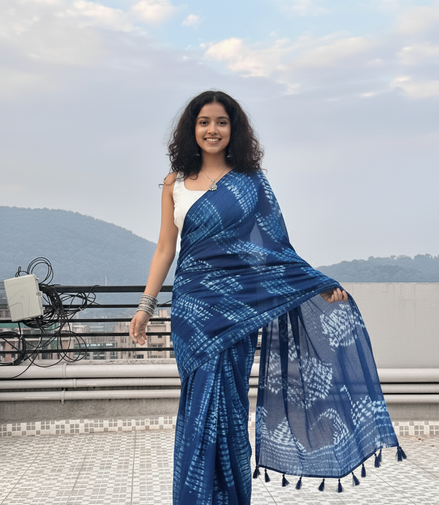 "Leher" - Indigo Shibori Hand-Dyed Mulmul Saree