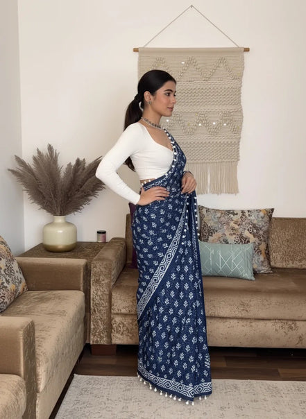 "Neelam" - Indigo Dabu Handblock Mulmul Cotton Saree