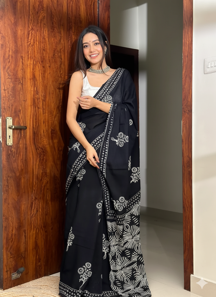 "Kajal" - Black Bagru Handblock Mulmul Saree