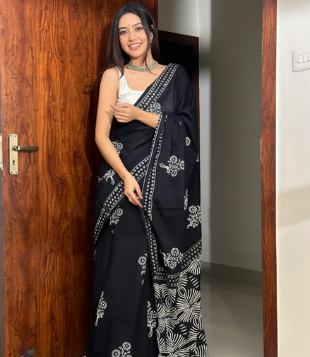 "Kajal" - Black Bagru Handblock Mulmul Saree