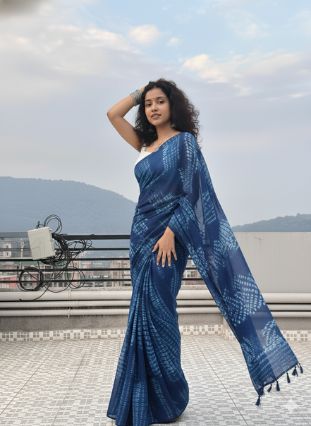 "Leher" - Indigo Shibori Hand-Dyed Mulmul Saree