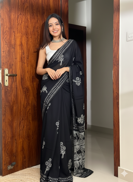 "Kajal" - Black Bagru Handblock Mulmul Saree