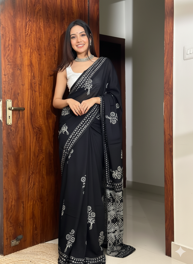 "Kajal" - Black Bagru Handblock Mulmul Saree