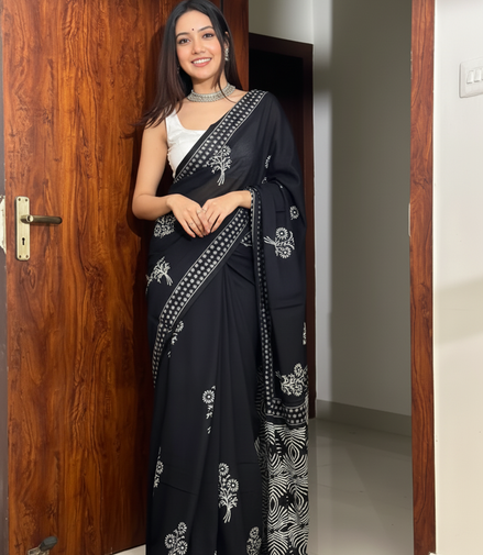 "Kajal" - Black Bagru Handblock Mulmul Saree