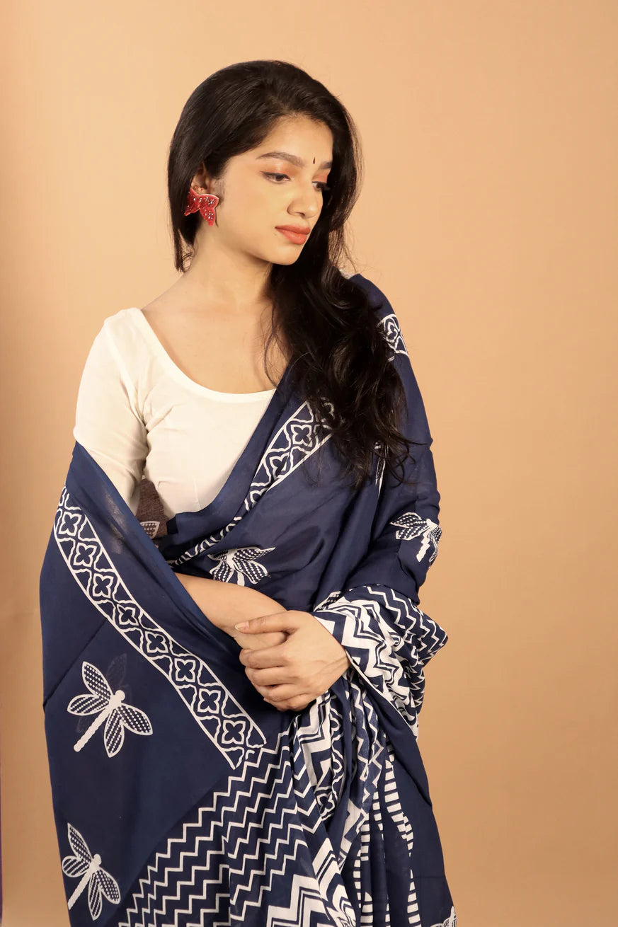 Indigo Elegance Block Printed Cotton Saree