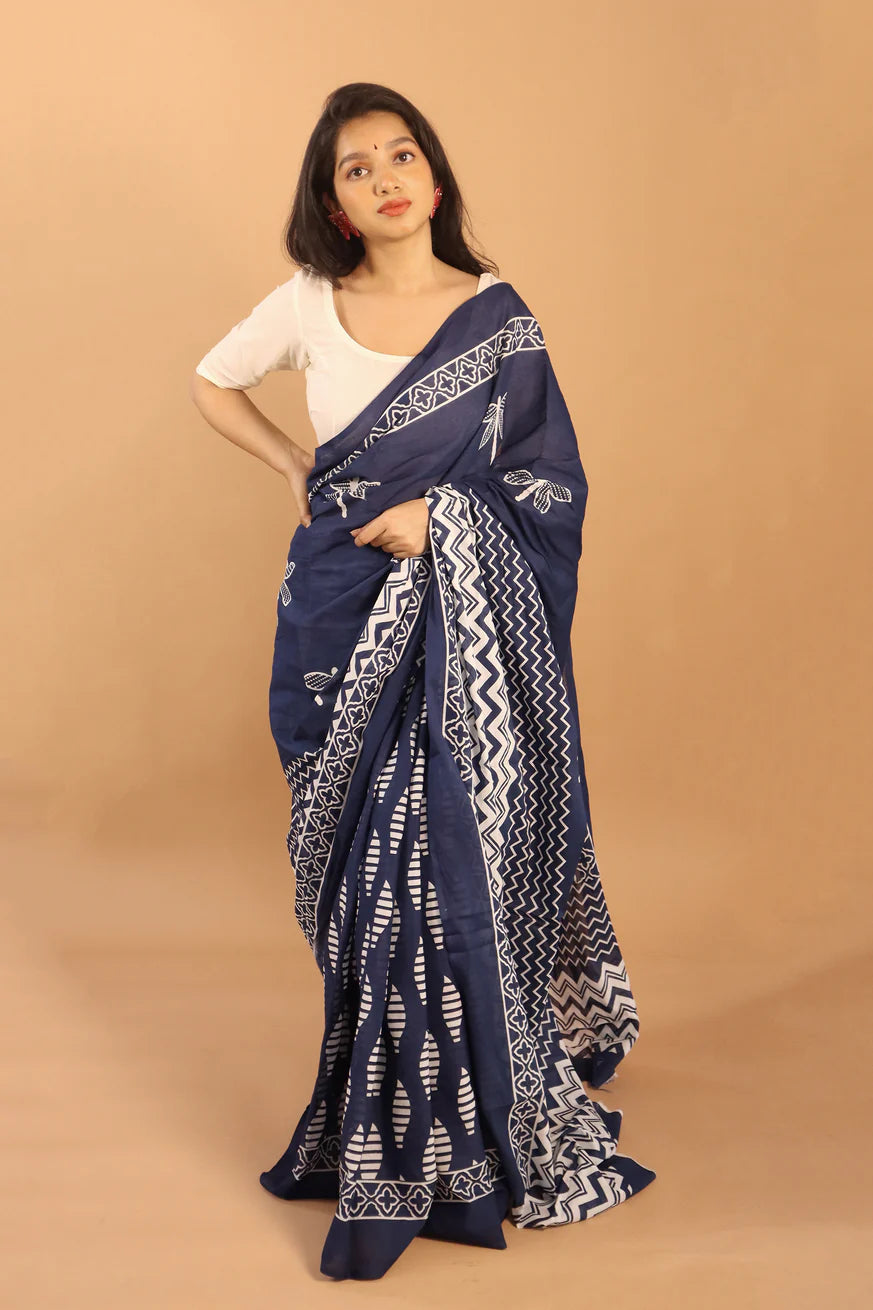 Indigo Elegance Block Printed Cotton Saree