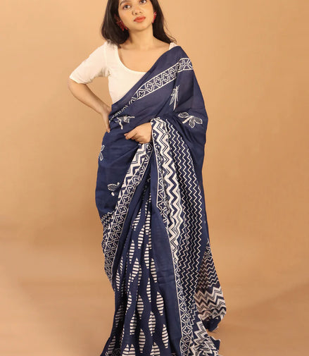 Indigo Elegance Block Printed Cotton Saree