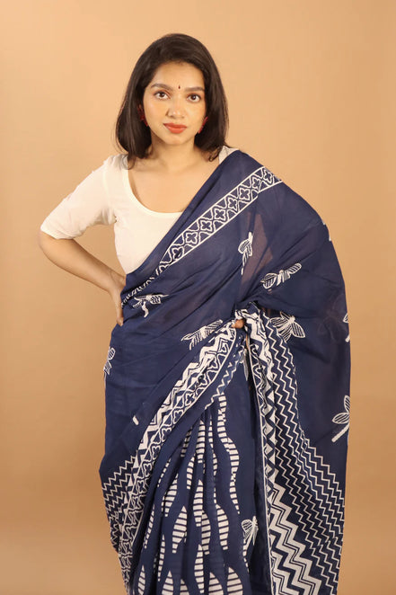 Indigo Elegance Block Printed Cotton Saree