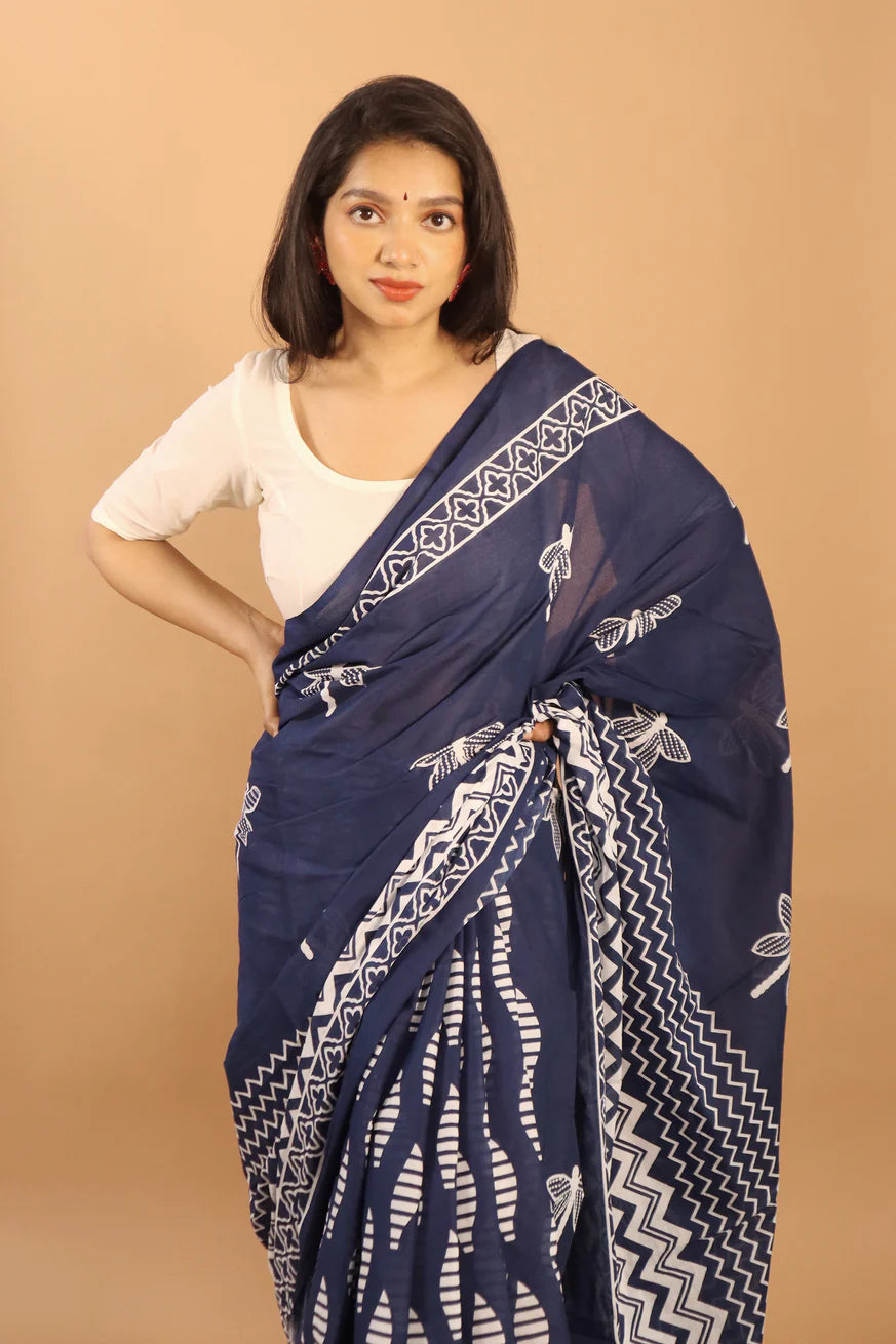 Indigo Elegance Block Printed Cotton Saree