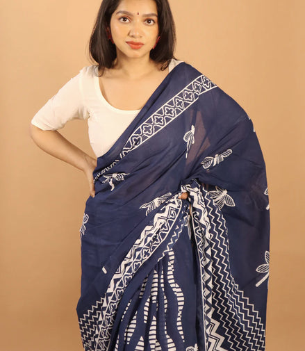 Indigo Elegance Block Printed Cotton Saree
