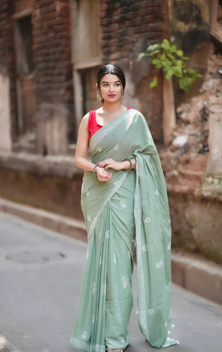 "Meher" - Pista Green Sanganeri Handblock Mulmul Saree