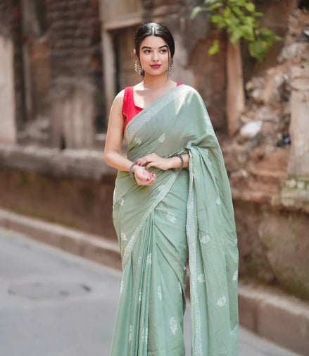 "Meher" - Pista Green Sanganeri Handblock Mulmul Saree