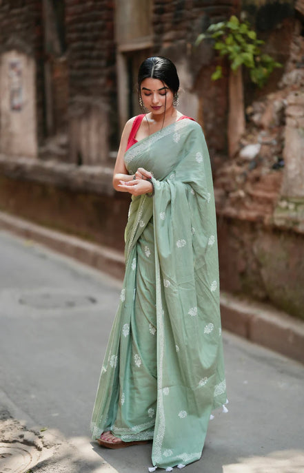 "Meher" - Pista Green Sanganeri Handblock Mulmul Saree