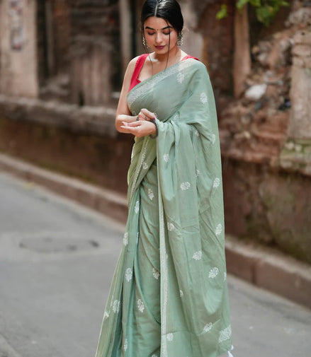 "Meher" - Pista Green Sanganeri Handblock Mulmul Saree