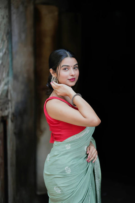 "Meher" - Pista Green Sanganeri Handblock Mulmul Saree