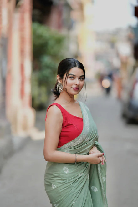 "Meher" - Pista Green Sanganeri Handblock Mulmul Saree