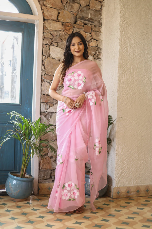 Taruni Pink Chiffon Saree – Hand-Painted Cherry Blossom Grace