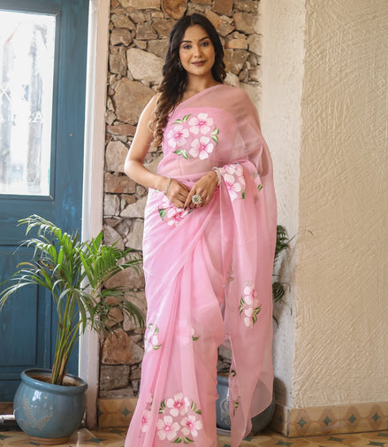 Taruni Pink Chiffon Saree – Hand-Painted Cherry Blossom Grace