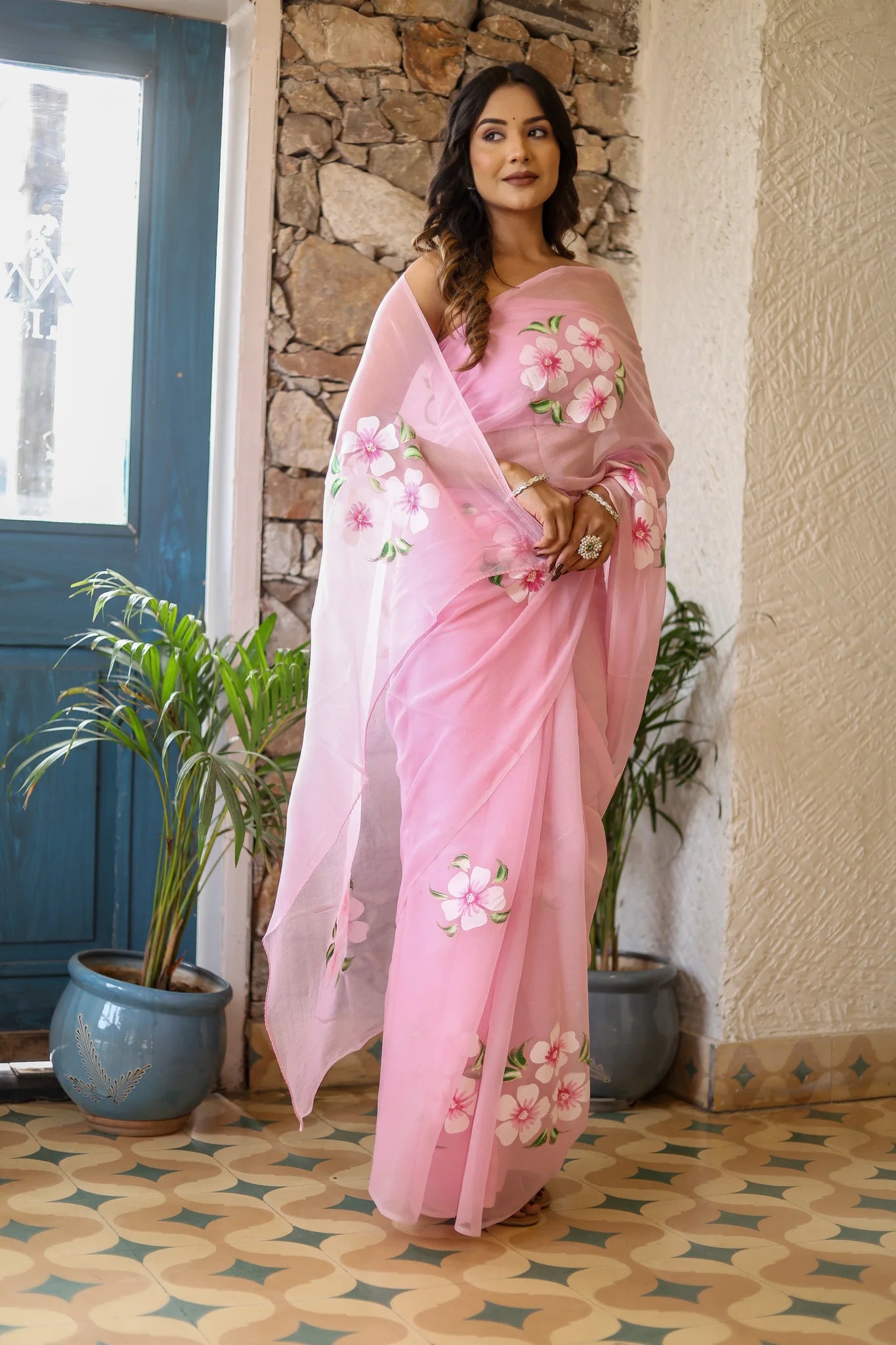 Taruni Pink Chiffon Saree – Hand-Painted Cherry Blossom Grace