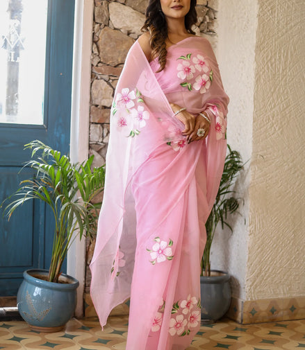 Taruni Pink Chiffon Saree – Hand-Painted Cherry Blossom Grace