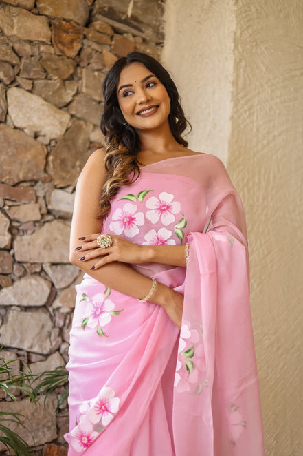 Taruni Pink Chiffon Saree – Hand-Painted Cherry Blossom Grace