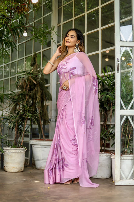 Anvitha Lilac Chiffon Saree – Hand-Painted Floral Symphony