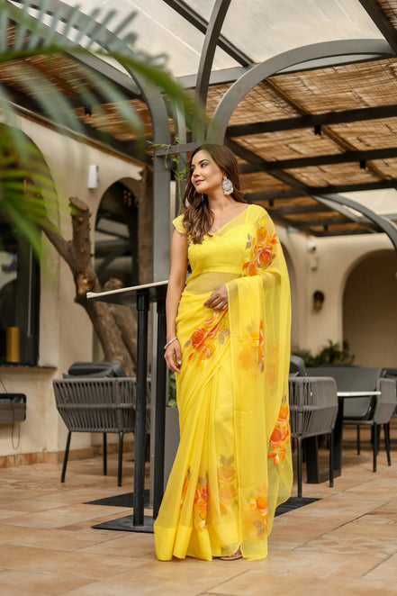 Suvarnarekha Yellow Chiffon Saree – Hand-Painted Rose Radiance