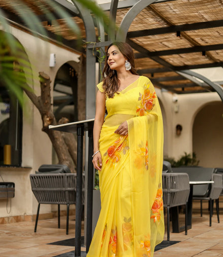 Suvarnarekha Yellow Chiffon Saree – Hand-Painted Rose Radiance