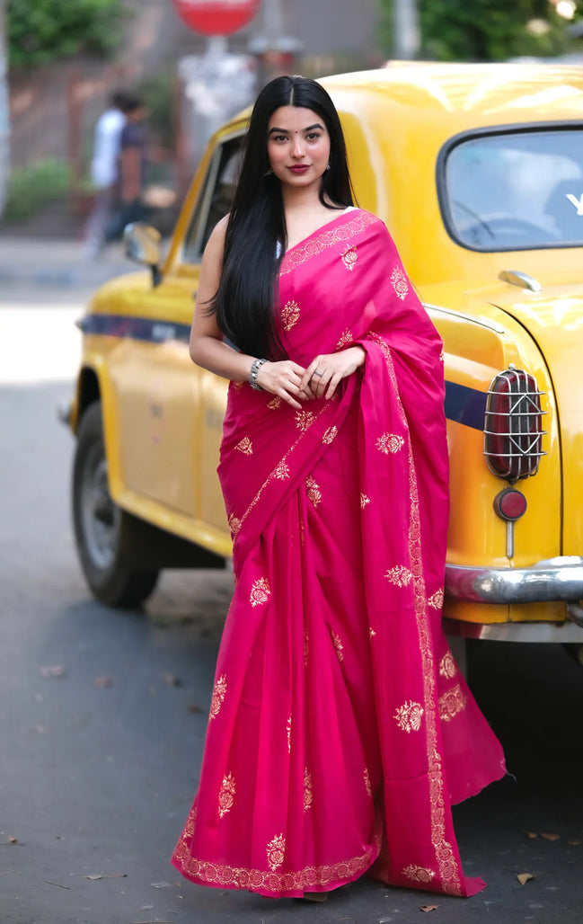"Gulab" - Festive Rani Pink Dabu Handblock Saree