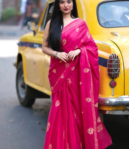 "Gulab" - Festive Rani Pink Dabu Handblock Saree