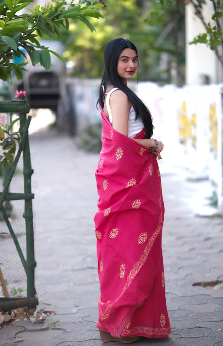 "Gulab" - Festive Rani Pink Dabu Handblock Saree