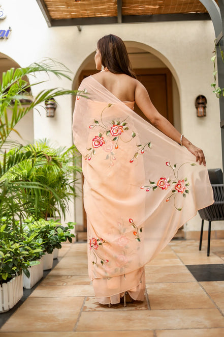 Rohini Peach Chiffon Saree – Hand-Painted Rose Garden Elegance