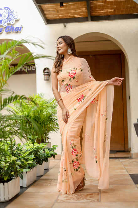 Rohini Peach Chiffon Saree – Hand-Painted Rose Garden Elegance