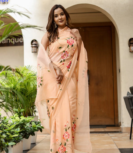 Rohini Peach Chiffon Saree – Hand-Painted Rose Garden Elegance