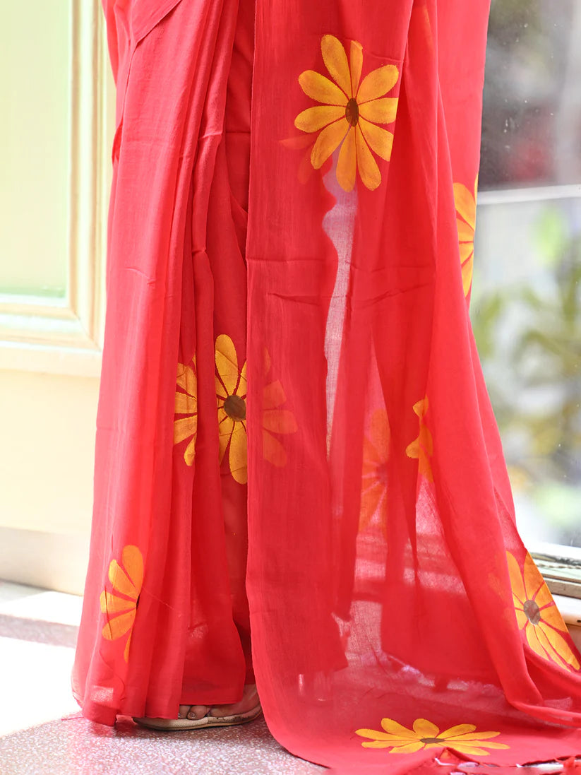Vasudha Mulmul Cotton Hand-Painted Daisy Saree