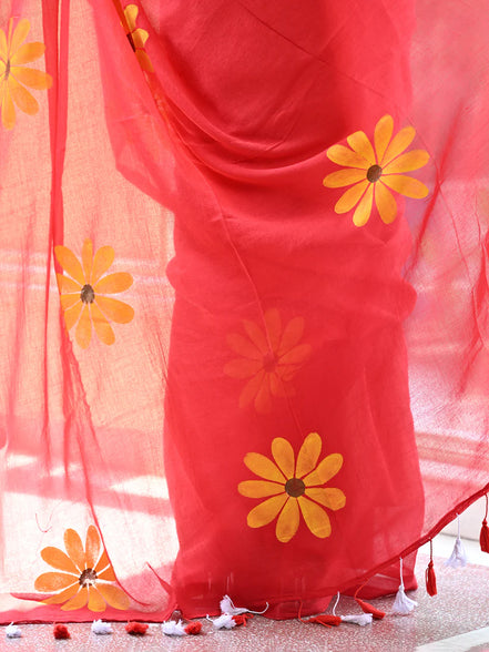 Vasudha Mulmul Cotton Hand-Painted Daisy Saree