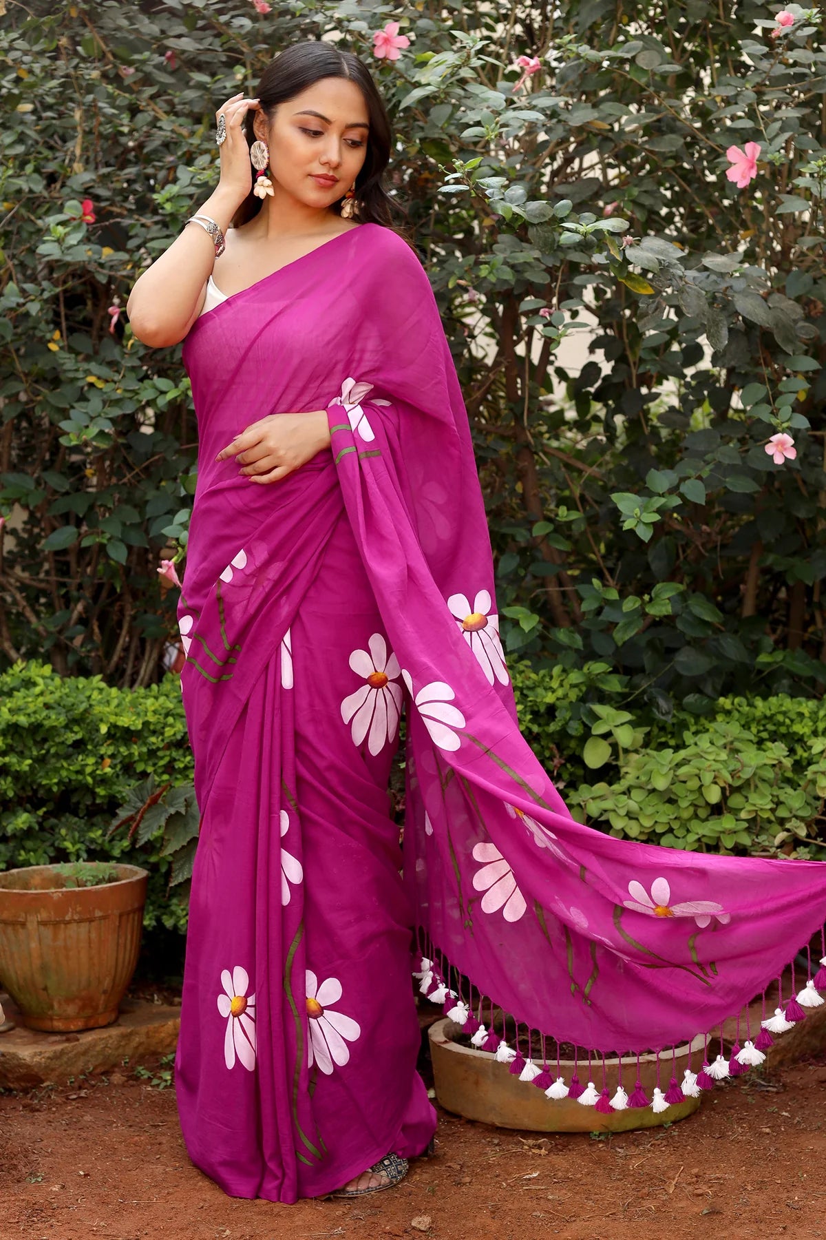 Ragini Mulmul Cotton Hand-Painted Blossom Saree