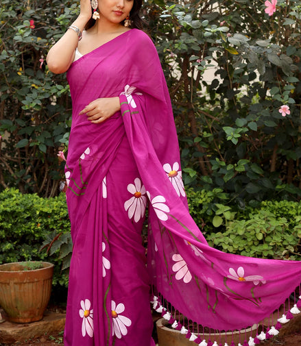 Ragini Mulmul Cotton Hand-Painted Blossom Saree