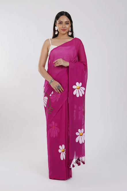 Ragini Mulmul Cotton Hand-Painted Blossom Saree