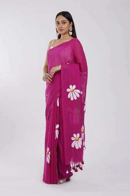 Ragini Mulmul Cotton Hand-Painted Blossom Saree