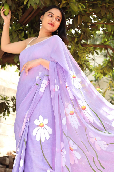 Amaya Mulmul Cotton Hand-Painted Blossom Saree