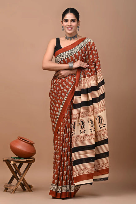 Tanirika Rust Handblock Mulmul Cotton Saree – Heritage Stripes & Paisleys