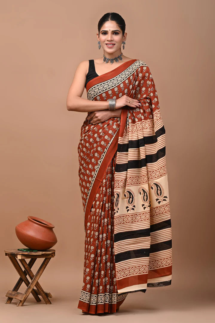 Tanirika Rust Handblock Mulmul Cotton Saree – Heritage Stripes & Paisleys