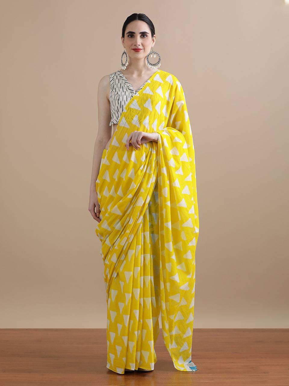 Suvarna Yellow Handblock Mulmul Cotton Saree – Radiant Geometry & Festive Glow