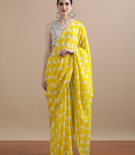 Suvarna Yellow Handblock Mulmul Cotton Saree – Radiant Geometry & Festive Glow