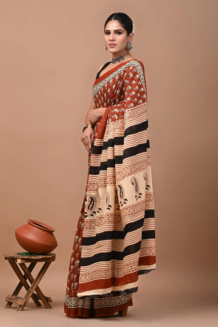 Tanirika Rust Handblock Mulmul Cotton Saree – Heritage Stripes & Paisleys