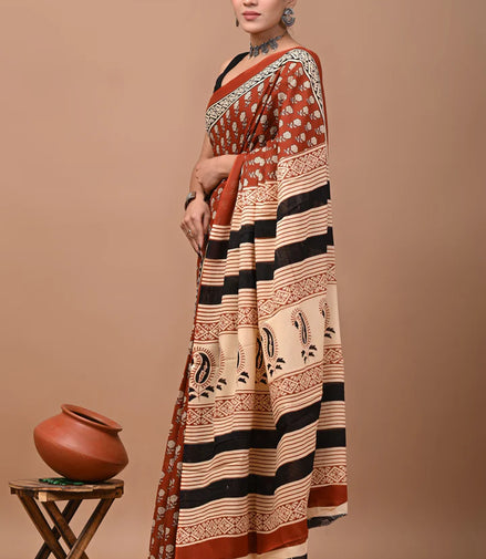 Tanirika Rust Handblock Mulmul Cotton Saree – Heritage Stripes & Paisleys