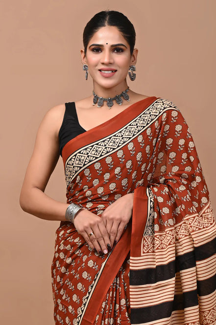 Tanirika Rust Handblock Mulmul Cotton Saree – Heritage Stripes & Paisleys