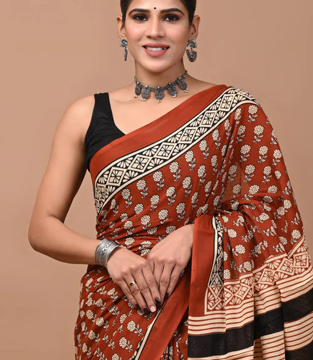 Tanirika Rust Handblock Mulmul Cotton Saree – Heritage Stripes & Paisleys