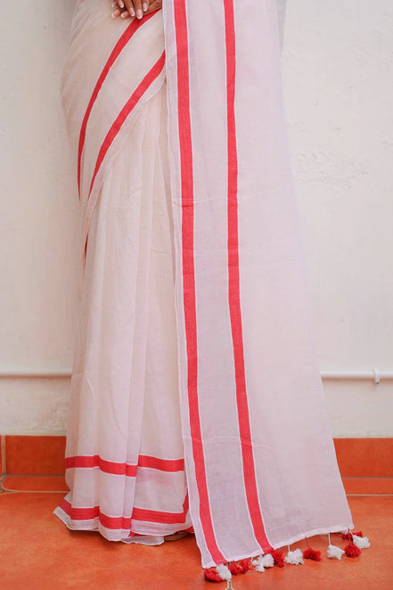 Ivory Charm White Mulmul Cotton Saree with Red Border & Tassels